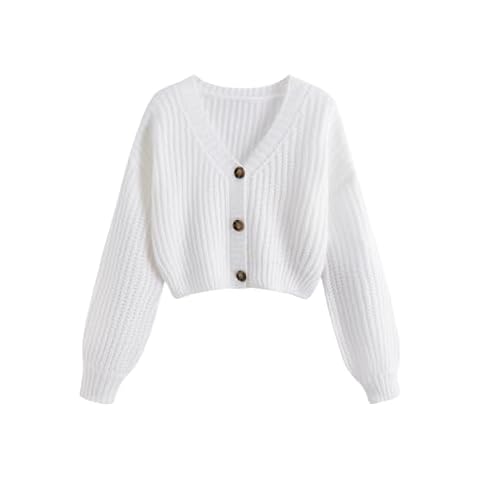 GORGLITTER Women's Button Up Cropped Cardigan Sweaters Chunky Long Sleeve V Neck Fall Coquette Cardigans White Cover