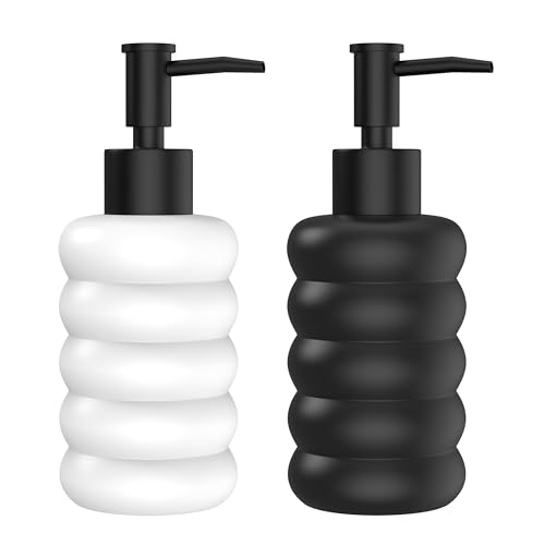 Image of Rioware Ceramic Soap Dispenser Hand Wash Bottles for Basin | Multipurpose Refillable for Liquid Shampoo, Kitchen, Bathroom, and Household Use | 300Ml, Pack of 2 - Round White & Black