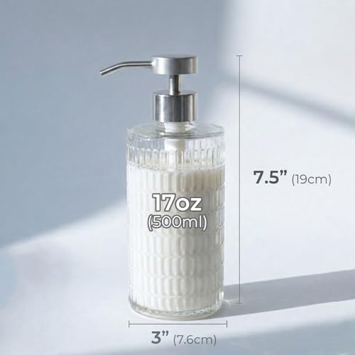 Image of Fluted Glass Soap Dispenser with Stainless Steel Pump for Bathroom, 17oz | Vintage Art Deco Reeded Glass, Refillable Clear Ribbed Bottle, Rust-Proof Pump, for Kitchen Countertop