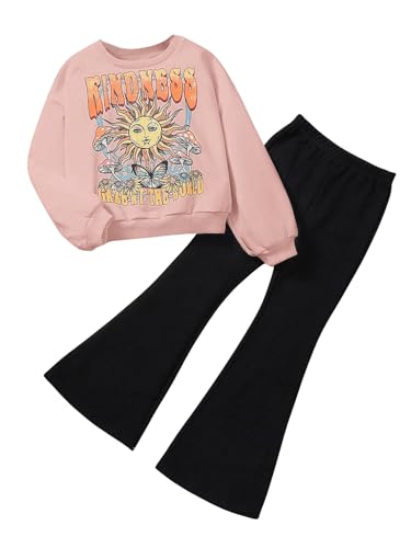 Image of SweatyRocks Girl's 2 Piece Outfits Letter Graphic Long Sleeve Pullover Sweatshirt and Flare Pants Set Pink 10Y