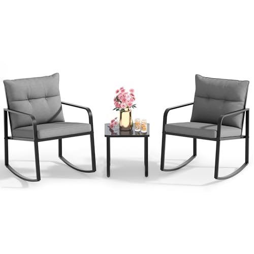 Gizoon 3 Piece Rocking Bistro Set, Black Steel Patio Furniture, Porch Chairs Conversation Set with Glass Coffee Table, Back Cushion, for Balcony, Garden, Deck, Backyard, Grey