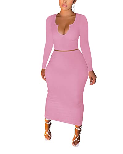 Image of Women Sexy Two Piece Skirt Outfits Long Sleeve /Sleeveless V Neck Bodycon Ribbed Knitted Maxi Club Party Dress