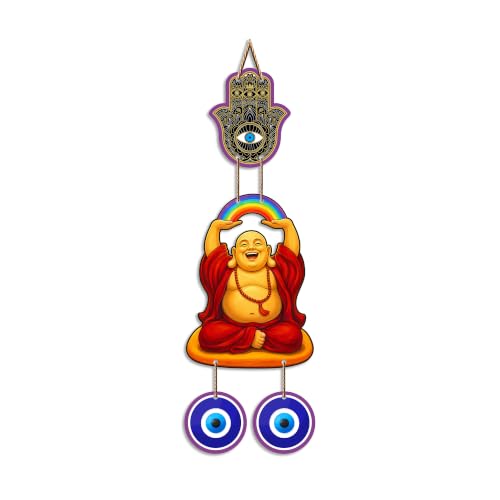 Image of Artvibes Rainbow Laughing Buddha Evil Eye Wall Hanging Decor For Living Room | Bedroom | Office | Joy Happiness and Positive Energy Wall Accent | Nazar Battu Ornament for Home Entrance (WH 85145N)