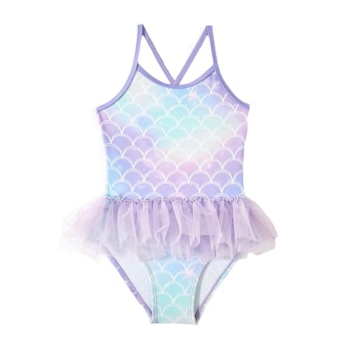 Traje de baño para niña, bikini para niños, protección solar, anti UV, secado rápido, rosa flamenco, playa, piscina, vacaciones, verano, linda y divertida A7, morado, 1 2 Años