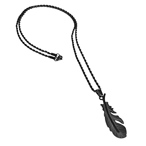 Men's Feather Necklace, Long Black Stainless Steel Chain Charm Pendant Necklace, Handmade Boho Tribal Jewelry for Guys by Magoo Men's Feather Necklace, Long Black Stainless Steel Chain Charm Pendant Necklace, Handmade Boho Tribal Jewelry for Guys by Magoo