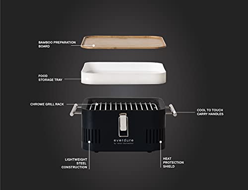 Everdure CUBE Portable Charcoal Grill, Tabletop BBQ, Perfect Tailgate, Beach, Patio, or Camping Grill, Lightweight & Compact Small Grill with Preparation Board & Food Storage Tray, Matte Black
