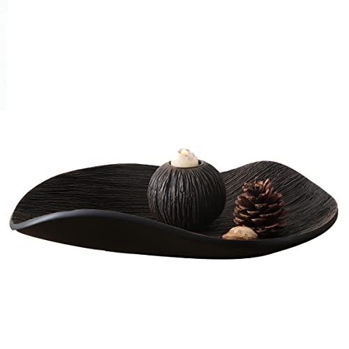 ROCKING GIFTS Plato Bandeja Centro de Mesa Forma Irregular, Negro Marrón con Relieve Étnico, Vaciabolsillos Elegante de Resina Decorativo para Entrada, Comedor, Bolas No Incluídas, 41 cm