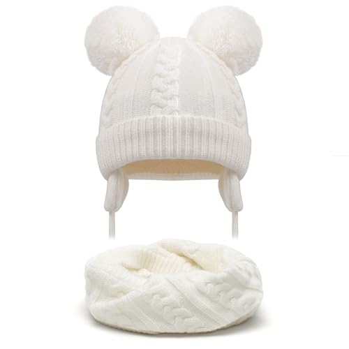 Duoyeree Toddler Winter Hat, Earflap Double Pom Pom Knit Beanie 0-36M