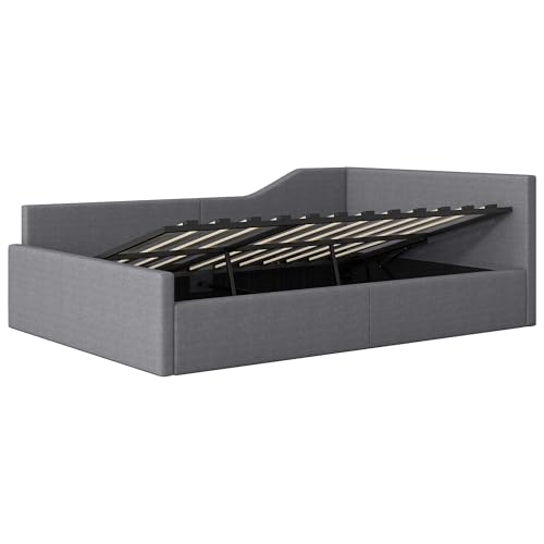 Dolamaní Hydraulisch Stauraumbett Eckbett 140x200 mit Lattenrost aus Holz, Doppelbett Leinen Polsterbett Tagesbett Gästebett für Kinder Jugendliche und Erwachsene, ohne Matratze (Grau)