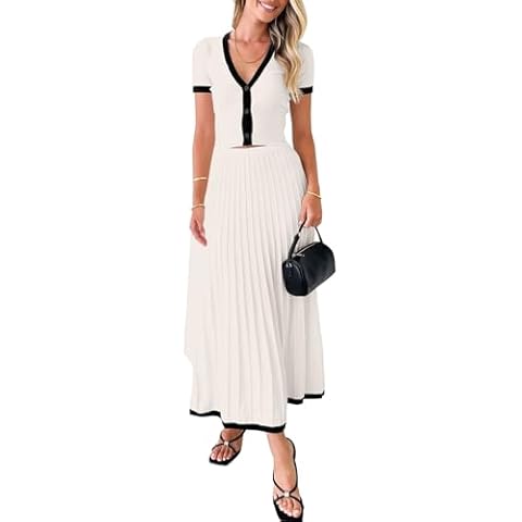 Imily Bela Womens 2 Piece Sweater Outfits Sets Short Sleeve V Neck Crop Top Knit Midi Long Pleated Skirt Dresses White Cover
