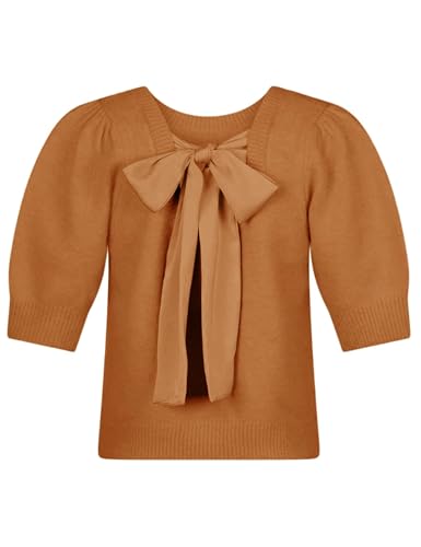 Image of Seyumixi Women Cute Bow Sweater Puff Short Sleeve Crewneck Knitted Shirt Bowknot Tie Back Knit Pullover Tops