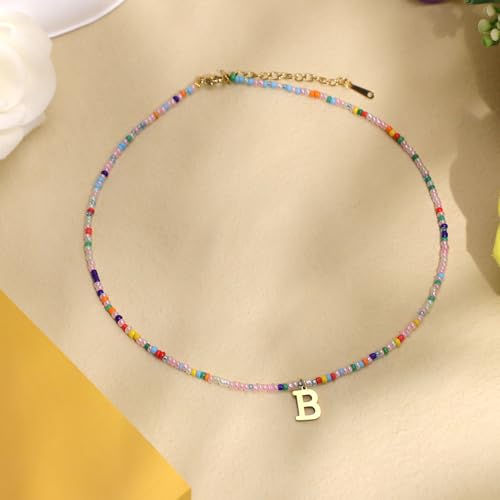 for Women Girls Letter PendantSummer Necklaces, Bohemian Beaded Necklace Colorful Beaded Initial Necklace Handmade Jewelry Gifts for Teens(B)3