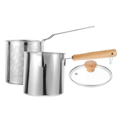 SOIMISS 1 juego Olla Freidora Inoxidable con Cestillo y Tapa de Vidrio para Cocinar Desayunos y Calentar Leche Mini Freidora Práctica y Resistente para Hogar