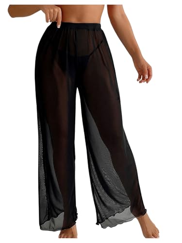 GORGLITTER Damen Transparent Palazzo-Hose für Festival- und Rave-Party mit Netz und Elastischem Bund