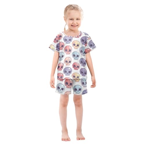 ALAZA Sugar Skull Color Day Of The Dead Pajamas Set Short Sleeve Cotton Sleepwear Summer Pjs 2 Piece 5-14Y3