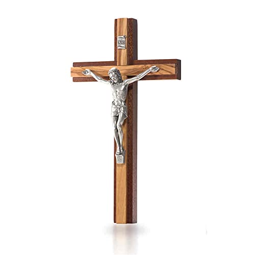 Wandkreuz Kruzifix modern Mahahoni Kreuzauflage Olivenholz Metallkorpus silberfarben 20 cm Holzkreuz Schmuckkreuz Cover