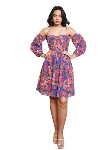 Image of PURVAJA Women's Fit & Flare Above Knee Length Dress (Floe-028-030)