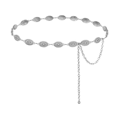 BOMAI Western Concho Chain Belt for Women Boho Cowgirl Metal WaistChain with Turquoise (03-Silver, Length 53" (36"+extended chain 17")) Cover