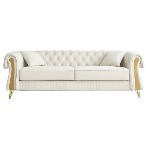 Image of KEIKI 89 inch Chesterfield Velvet Button Tufted Sofa with High Density Foam Cushions and 2 Toss Pillows, Modern Style 3-Seater Couch with 4 Gold Metal Leg, Easy Assembly, for Living Room, Apartment, Beige