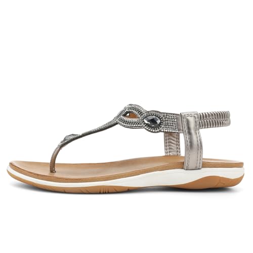 Image of UBFEN Womens Flat Sandals with Arch Support - T-Strap Thong Sandals with Elastic Back Strap, Comfortable for Walking, Bling, Rhinestone, Dressy