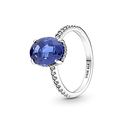 Pandora Timeless Anillo con halo llamativo de plata de ley con cristal azul princesa y circonitas transparentes, talla 50
