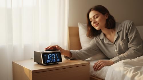 Image of JVD Waltz Premium Digital Alarm Clock | Speaker Wireless Charger, Digital with Bluetooth | Dimmable Light Bedrooms Dual Alarm Snooze Dimmer 12 24H RGB Night Light USB AUX | Black and Sliver