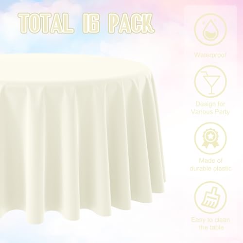 Image of 16 Pack Beige Plastic Tablecloths for Round Tables, Premium Decorative Ivory Disposable Table Covers for Parties, Round Cream Party Table Cover for Birthday Wedding Baby Shower Graduation, 84 Inch