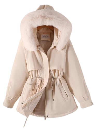 m4solar Damen Winterjacke mit Kunstpelz Kapuze, Tailliert, Drawstring Parka in Warme Outdoor Wintermantel Beige-M