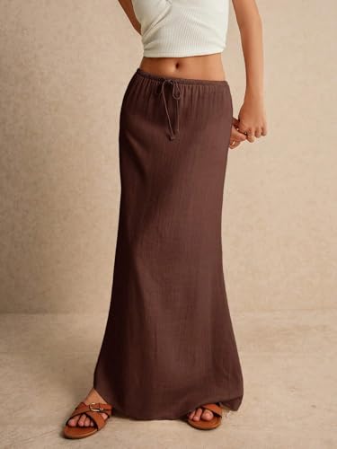 EARKOHA 2025 Women's Summer Maxi Skirt Drawstring Low Waist A Line Linen Long Flowy Skirts Coffee Brown XS2