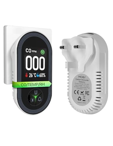 MOES Carbon Monoxide Detector with Temperature & Humidity Display - 85dB Alarm, 2 HD Screen, Manual-Rotate Display, UK Plug, High Precision CO Sensor for Home Safety