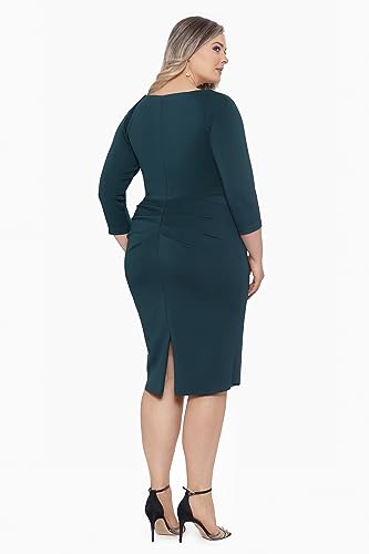 Image of Xscape Women's Plus Size Midi V-Neck 3 /4 Sleeve Side Ruched Dress, Hunter, 20W