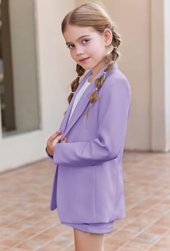 Image of Batermoon Girls 2 Piece Outfits Button Front Long Sleeve Blazer and Short Pants Suit Sets 4-14 Years