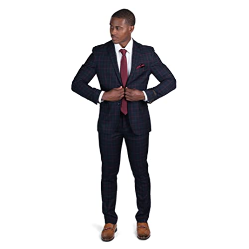 Slim Fit 2 Button Plaid Black & Red Men's Suit Notch Lapel 16753