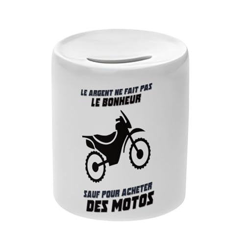 Tirelire Céramique Blanche - Moto Cross - l'argent ne Fait Pas Le Bonheur Sport Boîte à Monnaie avec Bouchon Décoration Chambre Imprimé en France