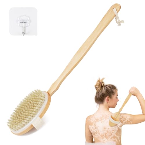 AOOSU Rückenbürste Dusche 42cm Badebürste mit Langem Stiel Duschbürste Rücken Körperbürste Naturborsten Trockenbürste Massagebürste Brushing Body für Peeling Entfernung Abgestorbener Haut Cellulit