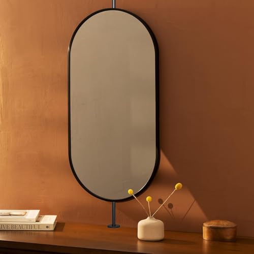 Miroir suspendu au plafond avec tiges miroir ovale cadre métal noir pour salle de bain