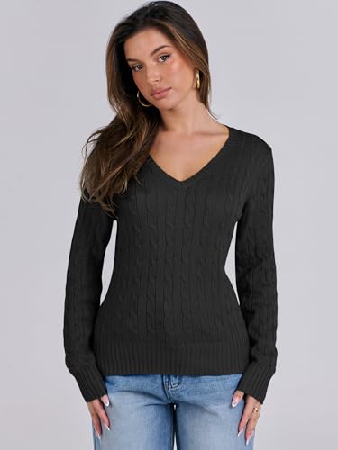 Image of ANRABESS Women's Cable Knit V Neck Fitted Sweaters