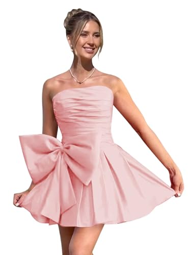 Strapless Short Homecoming Dresses for Teens Ruched Bodice A Line Corset Back Satin Wedding Dress with Big Bow