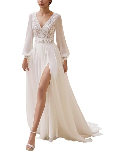 Long Sleeves Lace Wedding Dresses for Bride Chiffon A Line Long Boho Sexy Bridal Dress for Women