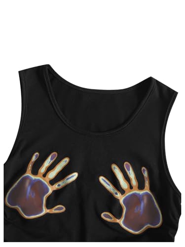 SHENHE Women's Summer Ruched Sleeveless Hands Print Crewneck Drawstring Tank Crop Tops4