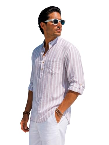 Image of Majestic Man Men's Pure Cotton Striped Mandarin Collar Regular Fit Roll-Up Sleeves Short Kurta