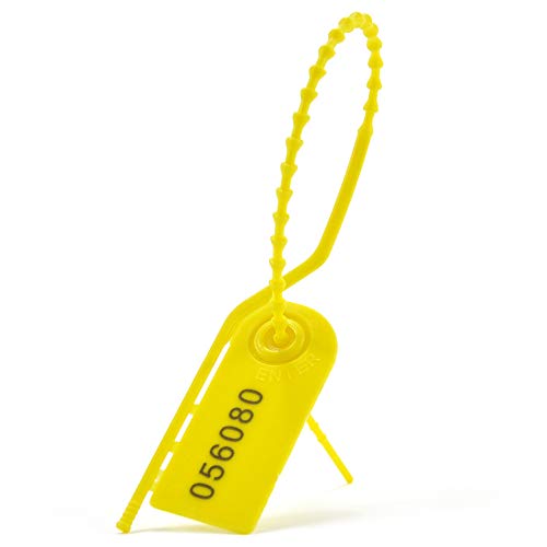 100 Pull Tight Security Seals Tamper Plastic Numbered Tags Fire Extinguisher Seal Self Locking Disposable Zip-Ties Adjustable Length for Clothes, Shoes and Bags 210mm Yellow