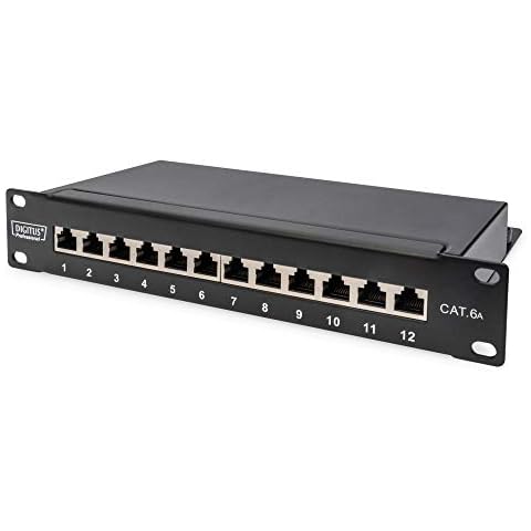 DIGITUS Cat-6A Patchpanel - 12 Ports - RJ45 Sockets - 10" Rack Mount 1U - LSA Distribution Panel - Shielded - Black Cover