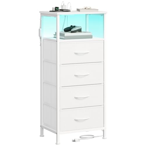 SONGMICS BELLAH Collection - Nightstand with Charging Station and App-Controlled Adjustable LED Lights Bed Side Table 4 Drawers and 1 Open Shelf Modern Cloud White and Snow White ULGS304WH01S