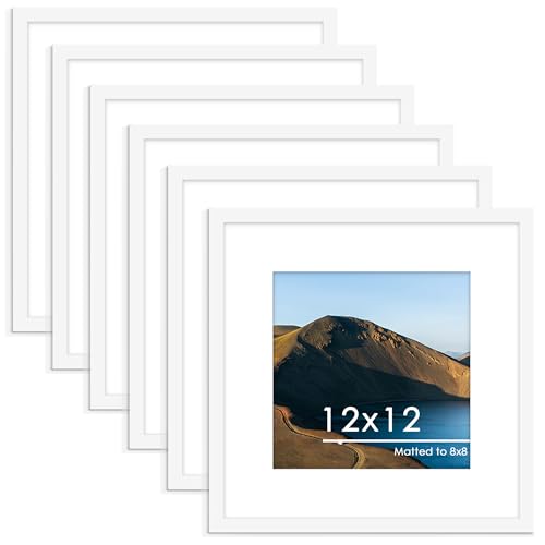 Image of PEALSN 12x12 Picture Frame Set of 6, Display Pictures 8 x 8 with Mat or 12 x 12 Without Mat for Wall Mounting Display, Poster Frames Collage for Wall Decor, White.