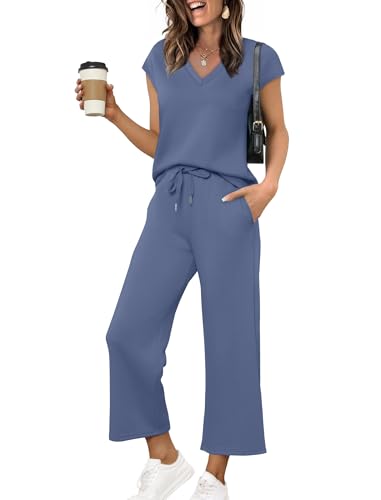 Image of Saloogoe Two Piece Sets for Women Summer Outfits Lounge Sets V Neck Tops Wide Leg Pants Woman Vacation Travel Outfits