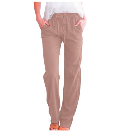 Pantalones Mujer Lino algodón Verano Cintura Alta elástico cordón Pierna Ancha Rectos Largos Ligeros cómodos con Bolsillos Estilo Casual Moderno Ideal para Uso Diario Deporte y Vacaciones (M)