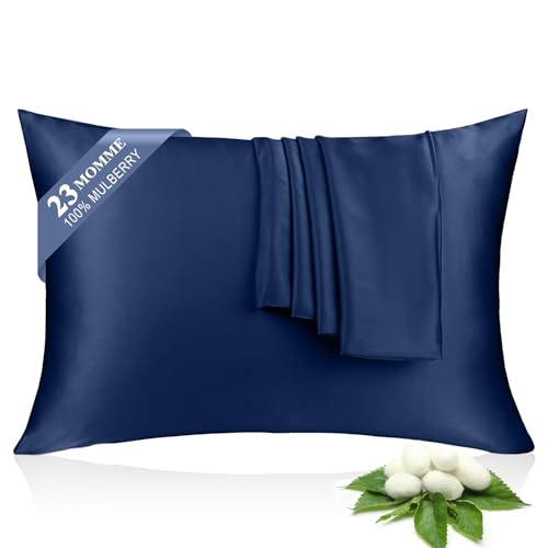 100% Silk Pillowcase 2 Pack for Hair and Skin Both Sides 23 Momme Grade 6A+ Mulberry Silk Pillowcases with Hidden Zipper Soft&Smooth Cooling Pillow Cases (Navy Blue Queen 2030)