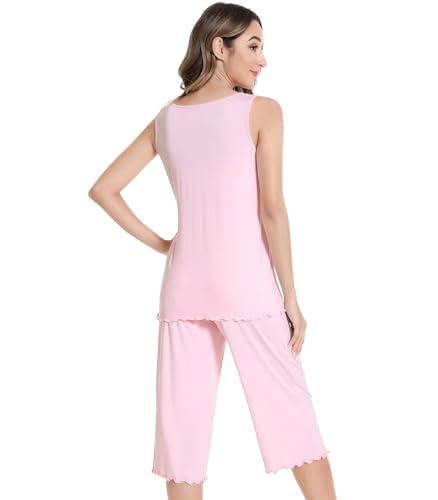 Image of NACHILA Women's Pajamas-Viscose made from Bamboo, V Neck Pjs Top with Capri Pants Pajama Set Sleeveless Sleepwear
