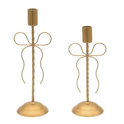JONKASIPA 2 Sets Gold Candlestick Holders Taper Candle Holders Vintage Brass Tall Candlesticks with Bows for Fireplace Wedding Fathers Day Birthday Party Tables Centerpieces Decorations
